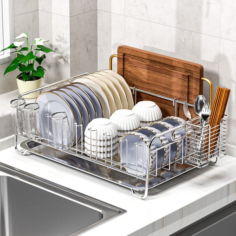 Kitchen Utensils - ステンレス鋼304製キッチン収納ラック、食器乾燥かご、ボウル・プレート水切りスタンド、調理器具ホルダー、カウンター上オーガナイザー
