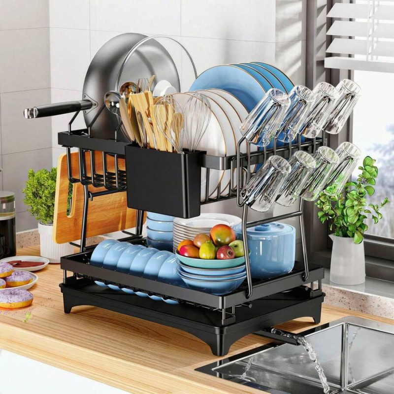 Kitchen Utensils - 錆びないステンレス製食器乾燥ラック、2段式大型食器乾燥棚（キッチンカウンター用）、食器ホルダー付き