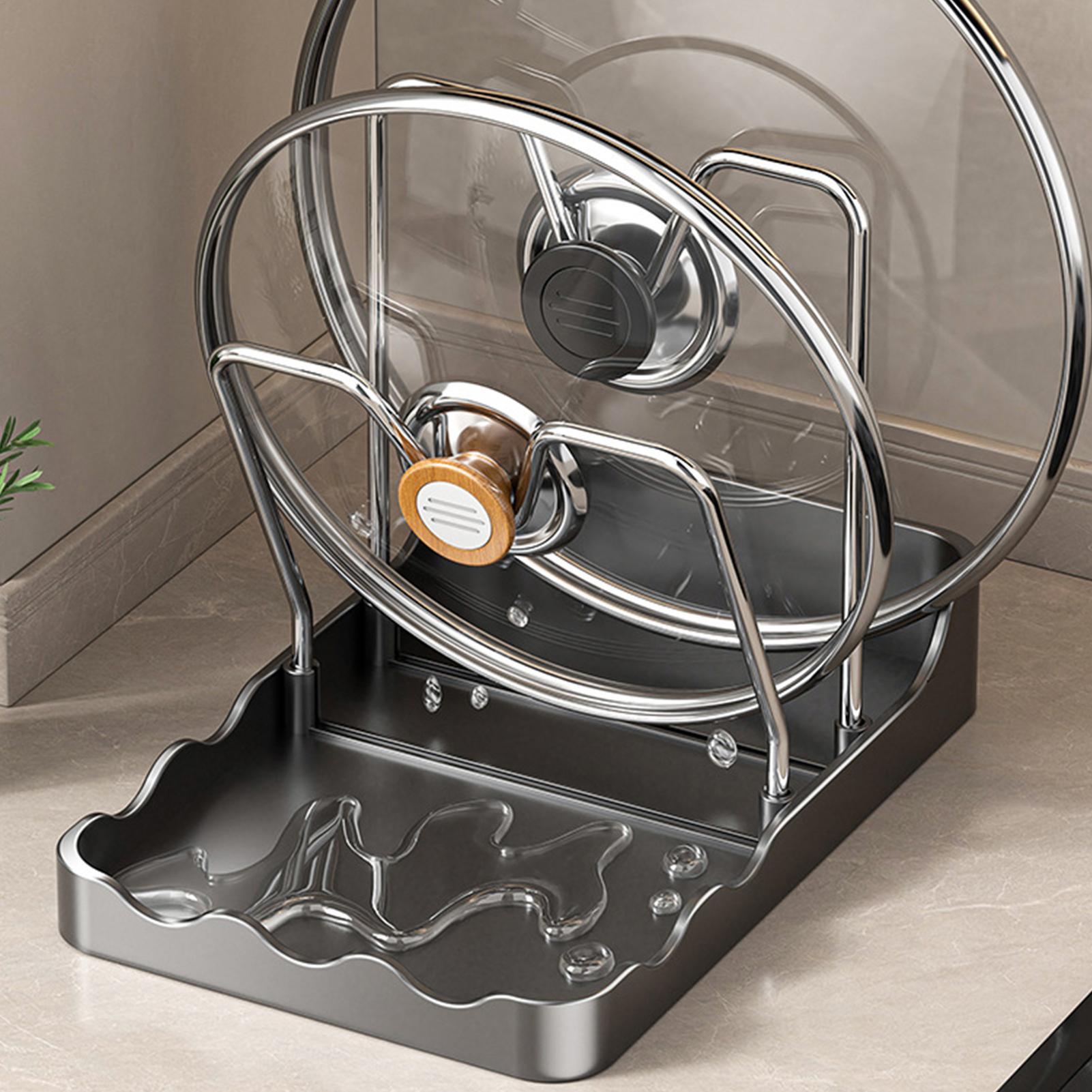 Kitchen Baking Pantry - 鍋蓋オーガナイザー 垂れ下がり式スプーン収納棚 ドリップトレイ付き ステンレス製鍋蓋収納ラック キッチン、ベーキング、調理、パントリー用