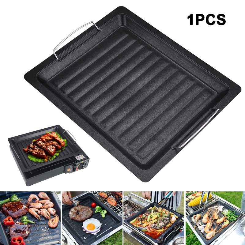 Kitchen Baking Appliances - 屋外用厚い四角グリルパン 2つのハンドル付き ポータブルノンスティックグリルパン ベーキングトレイ 外出用 バーベキュー