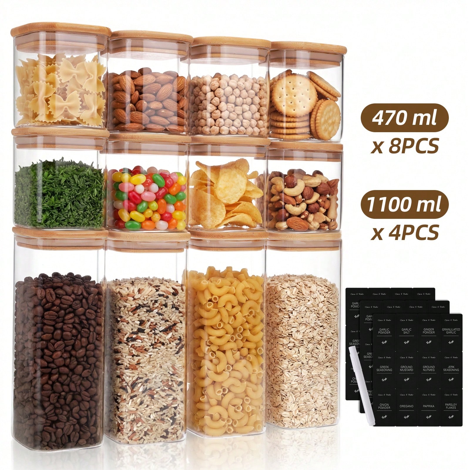 Kitchen Baking Pantry - Tomnk 12個入りガラス製食品保存容器（蓋付き）、小麦粉、砂糖、ベーキング用品、乾燥食品の保存に適した2種類の容量、キッチンパントリー整理用プラスチック容器、キッチンアクセサリー
